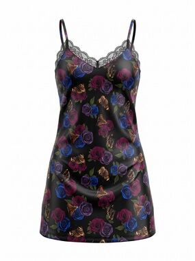 Hot Topic Black Floral & Butterfly Lace-Trim Slip Dress